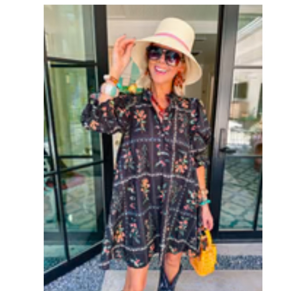 Darling Shop Halehouse Dress- Black Floral Button-Front Dress- ties in back